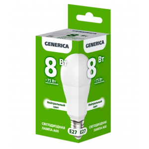 Лампа LED A60 груша 8Вт 230В 4000К E27 GENERICA